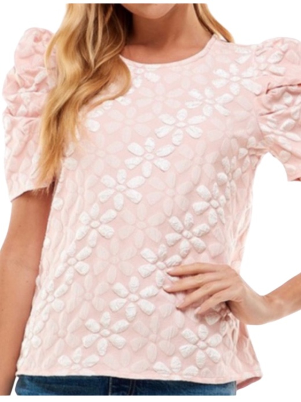 BiBi Pink Floral Puff Sleeve Lace Blouse. Size M. NWT. Textured